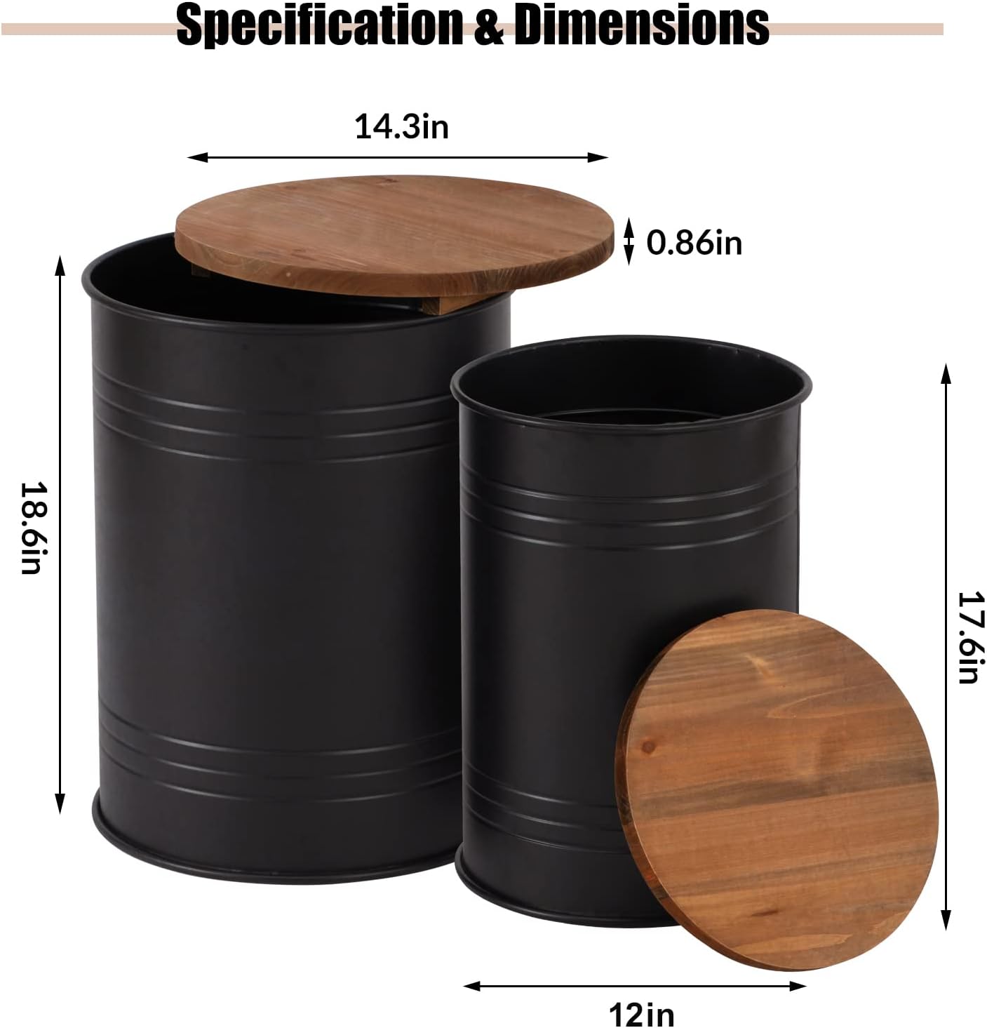 Poofzy Farmhouse End Tables Set of 2, Galvanized Metal Decor Side Table with Wood Lid, Coffee Table Storage Stool for Living Room (Black)