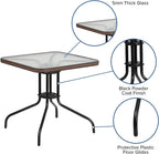 Flash Furniture Barker 28'' Square Tempered Glass Metal Table with Dark Brown Rattan Edging