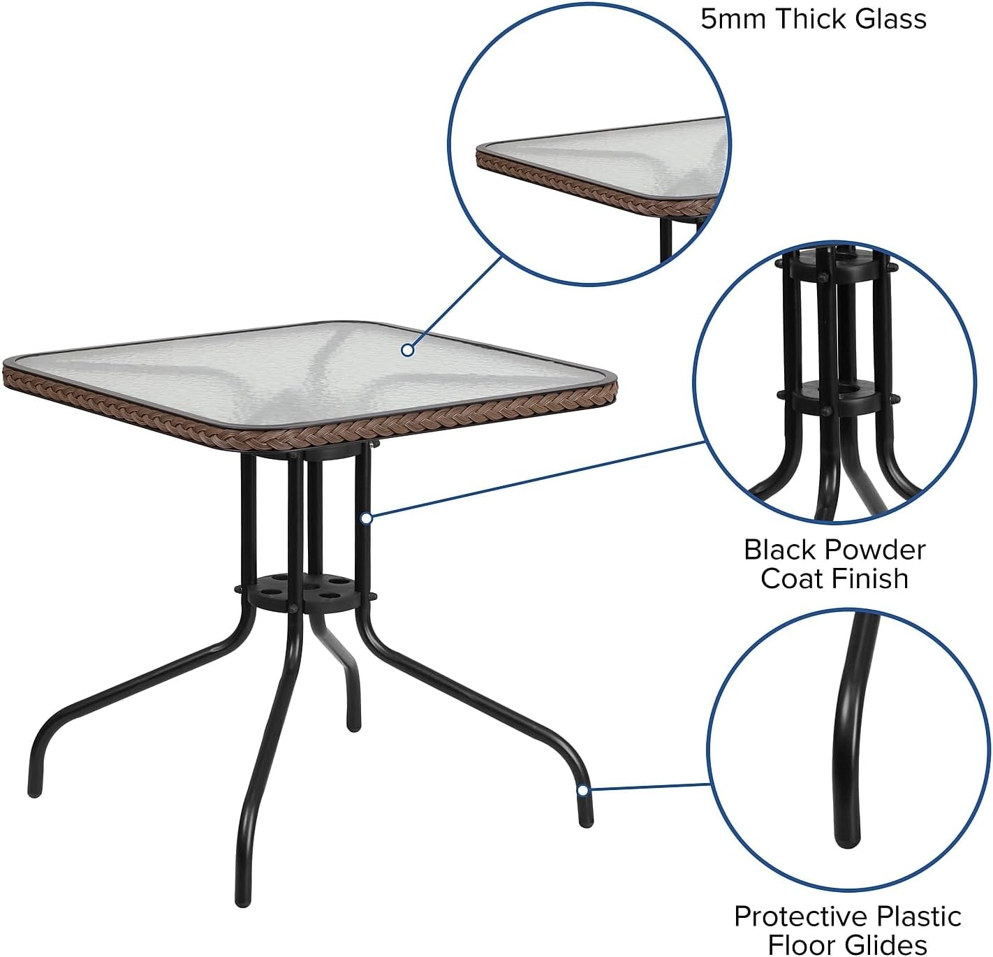 Flash Furniture Barker 28'' Square Tempered Glass Metal Table with Dark Brown Rattan Edging
