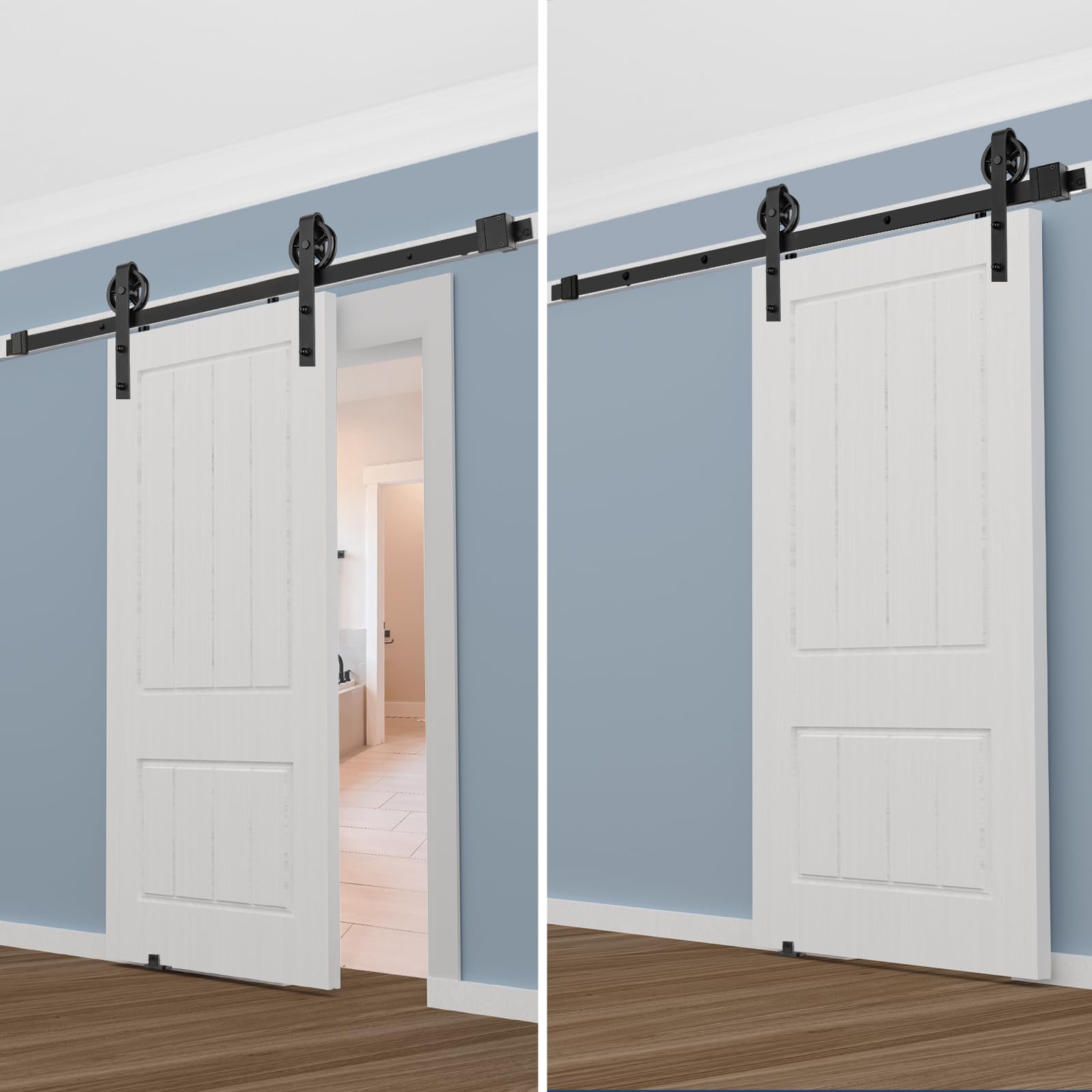 Kit de quincaillerie pour porte de grange coulissante simple 4FT, rouleau à grande roue à rayons noir basique, système de rail pour porte de grange