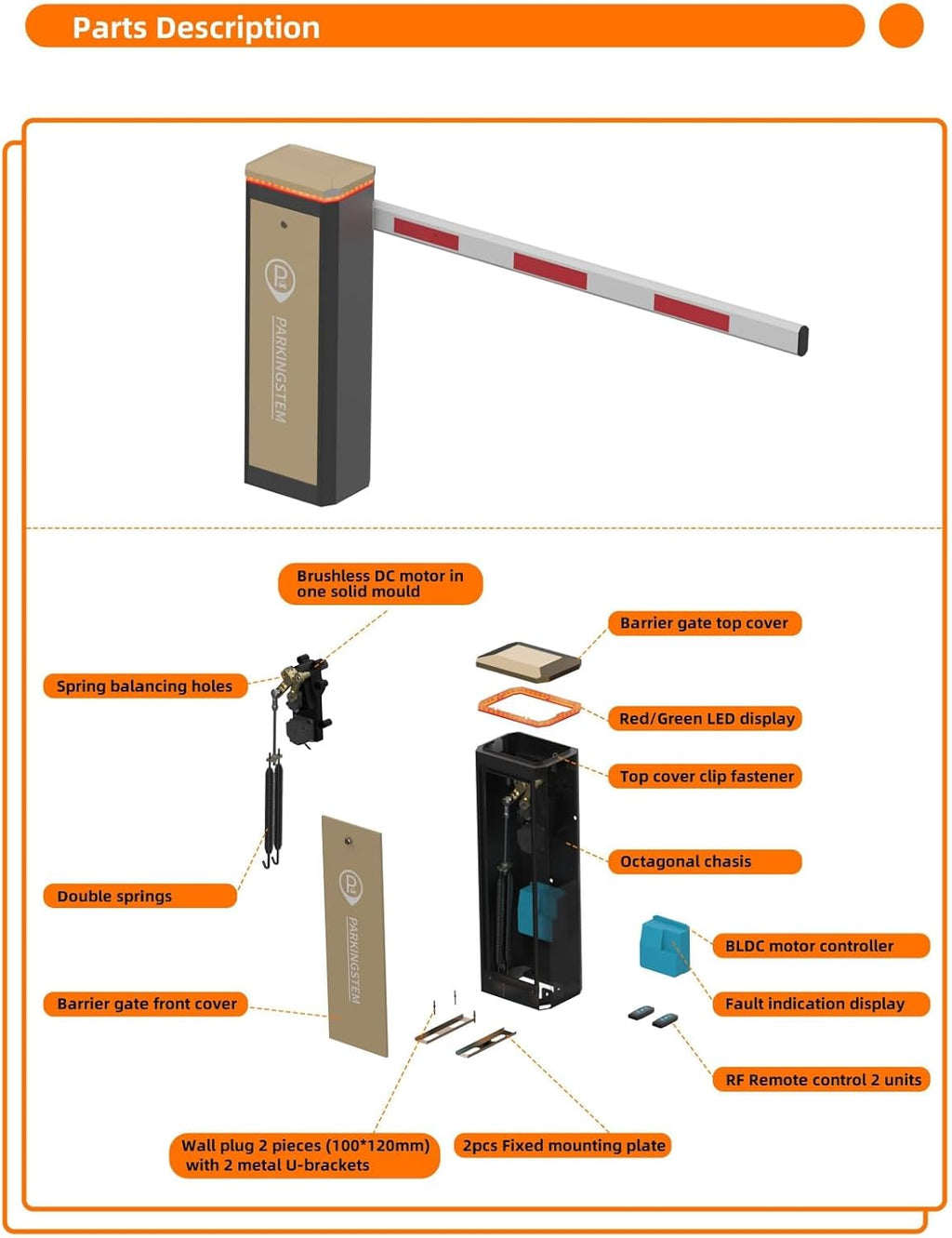 Automatic Gate Barrier High Intensity Usage, DC Brushless Technology, 100W, 16 feet Compact Telescopic Arm, Built in LED, Remote Control up to 100 feet, Easy Installation, US Version
