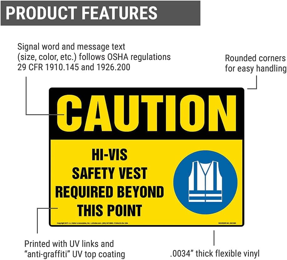 Caution: Hi-Vis Safety Vest Required Beyond This Point Sign - 14 x 10" Vinyl Permanent Adhesive, J. J. Keller & Associates, Inc.