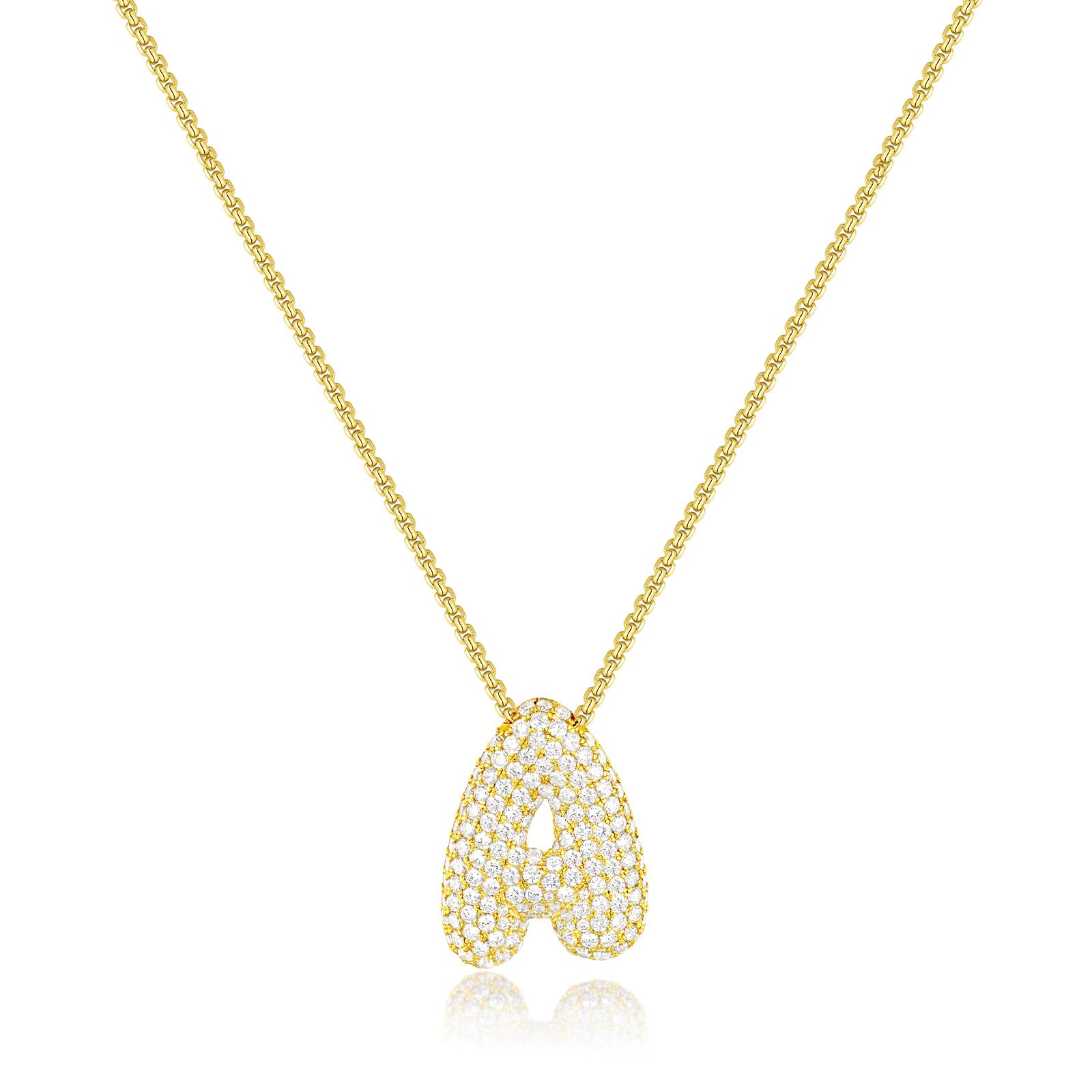 KissYan Bubble Letter Necklace, 14K Gold Plated Balloon Initial Pendant Box Chain Necklace Dainty Pave CZ Jewelry Gift for Women(15mm A)