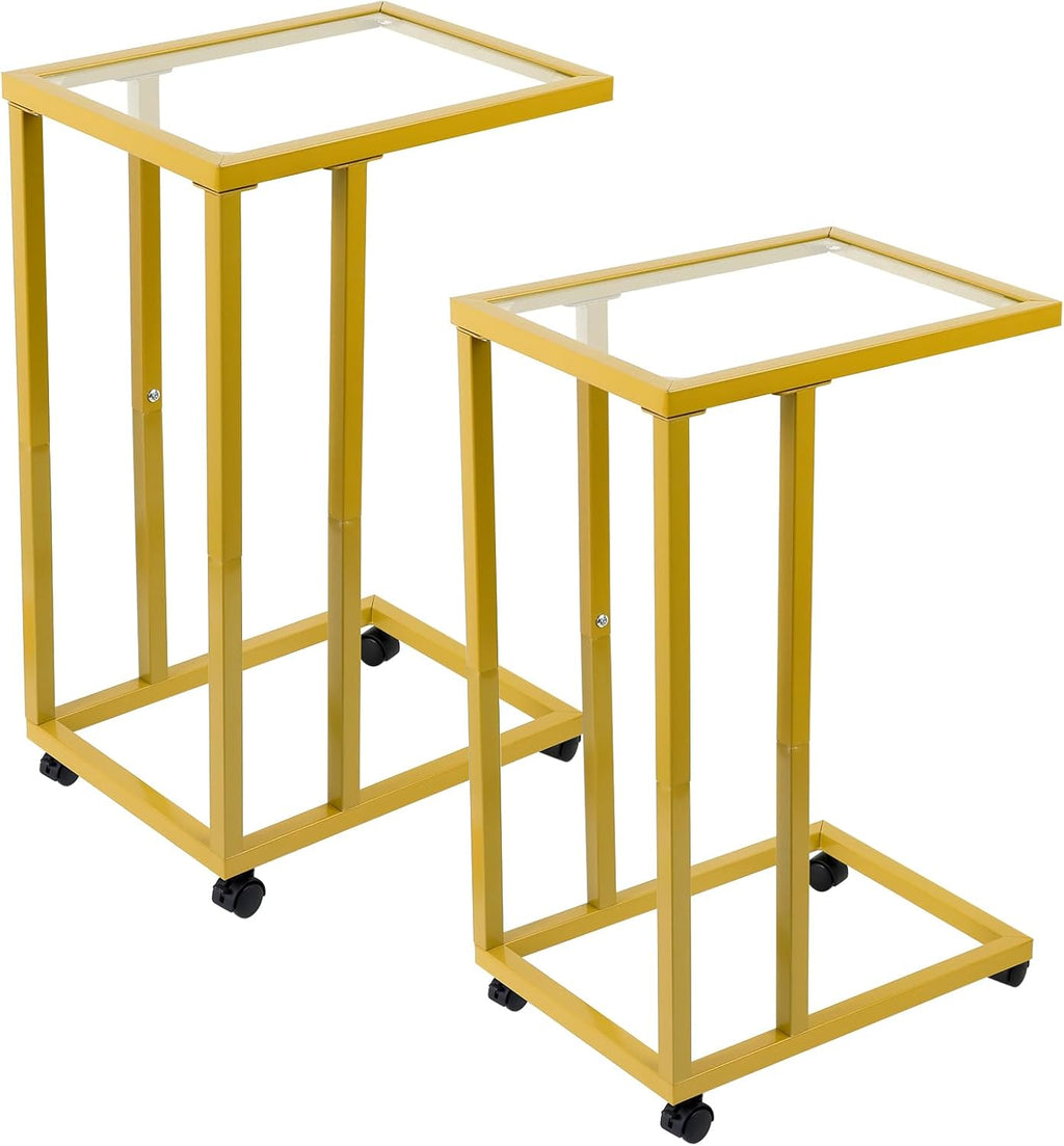 Fixwal C-Shaped End Table Set of 2, Tempered Glass Couch Table Snack Side Table with Metal Frame, TV Tray Table for Living Bedroom Coffee Snack Laptop Sofa Couch and Bed, Gold