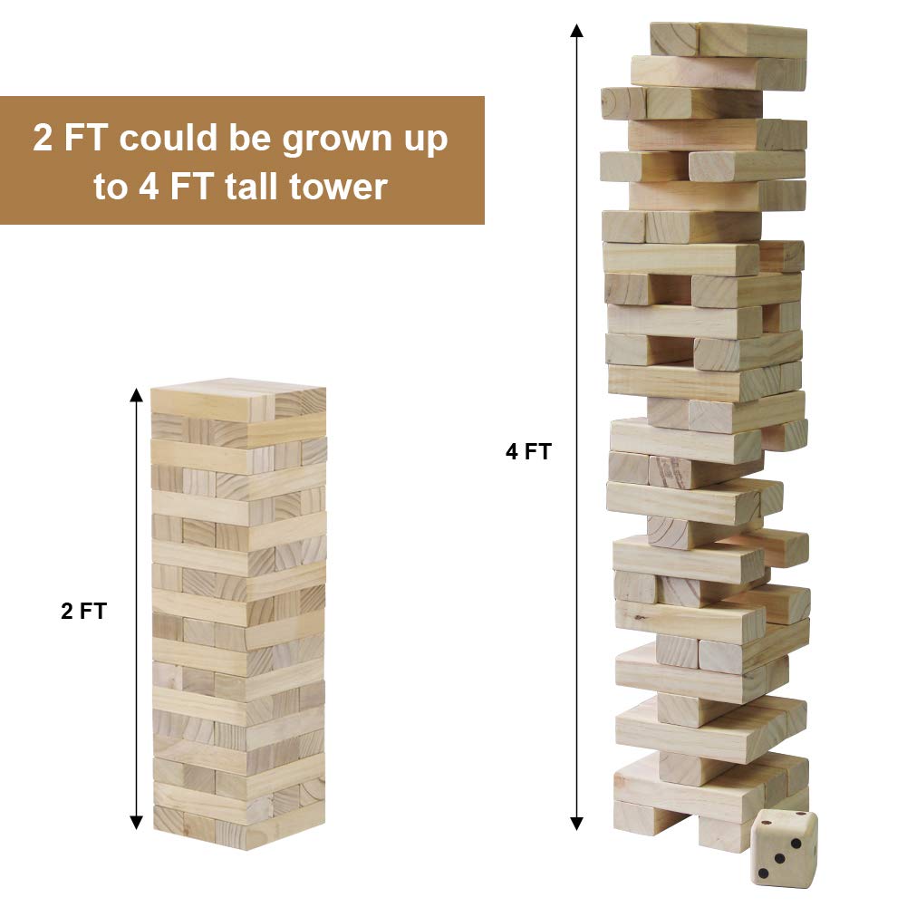 Jogo Juegoal 54 Peças Torre Gigante de Blocos de Queda Jogo Gigante de Empilhamento de Madeira com 1 Dado Conjunto Bolsa de Lona para Adultos, Crianças, Família