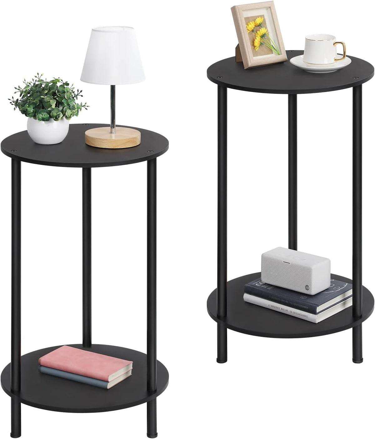 SEHERTIWY Small Round Side Table, 2 Tiers Farmhouse End Tables, Set of 2 Accent Tables for Small Spaces, Night Stands for Bedrooms Living Room, Coffee Tables with Storage Shelf, Black