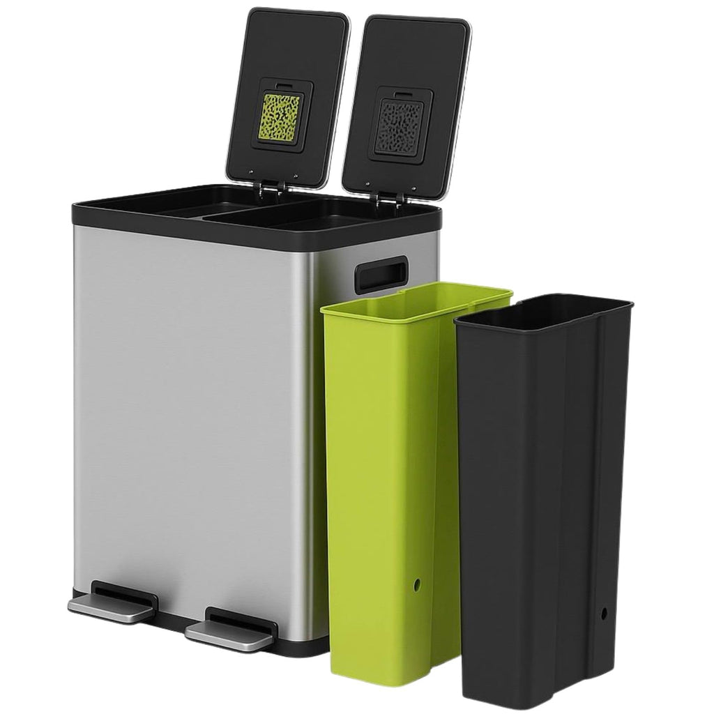 Simpli-Magic 18.5 Gallon (40L x 30L) Dual Compartment Step Trash Can – Kitchen Garbage Can with Waste & Recycling Bins – Slow-Close Lid, Odor Control, Hands-Free, Stainless Steel