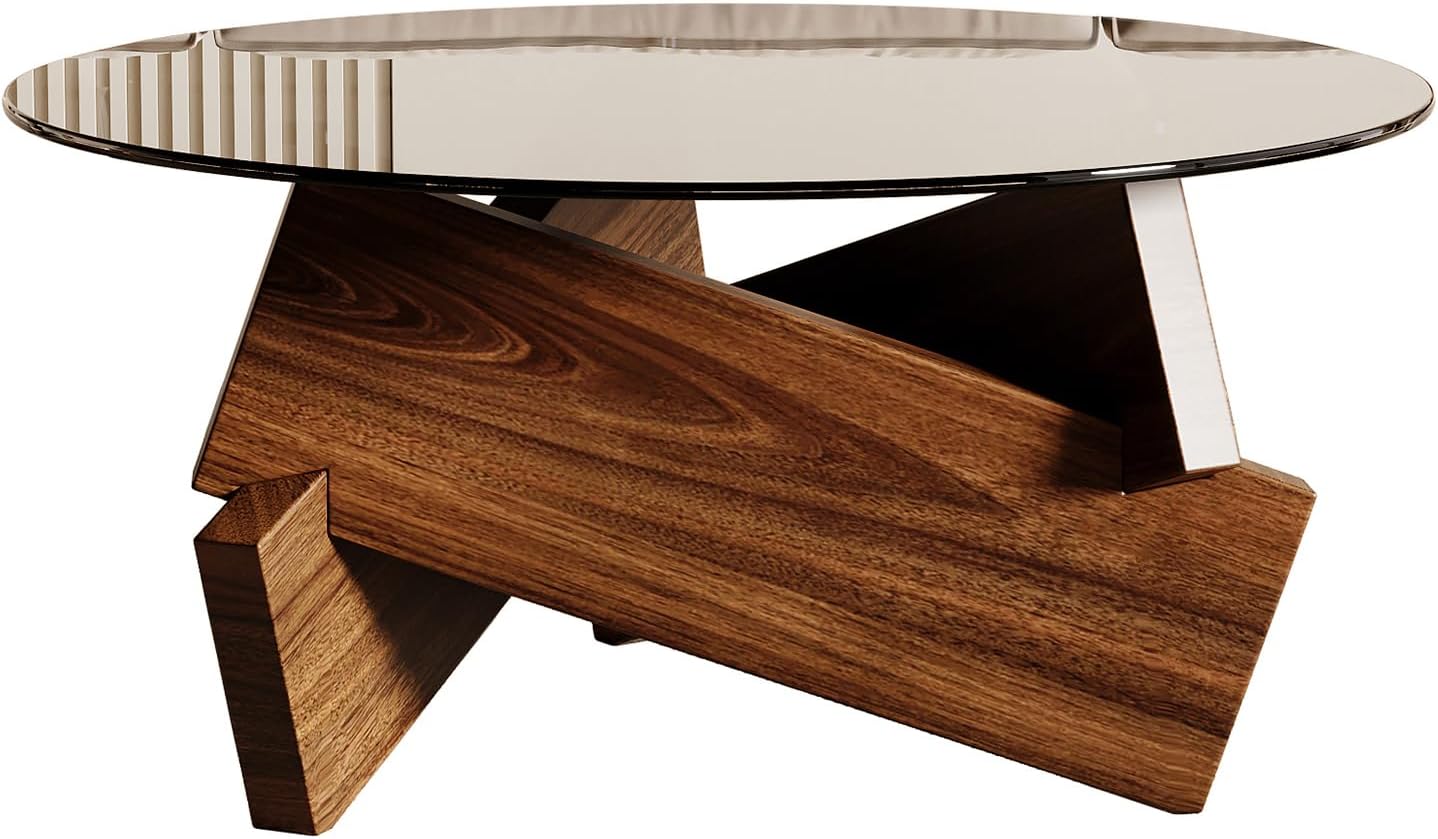 Honyee Modern Round Coffee Table, 30.7" x 30.7" x 16.1" Tempered Glass Top for Living Room, Color: Walnut