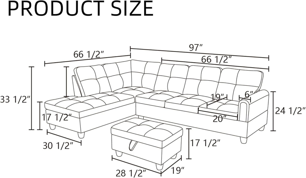 L Shaped Couch, Lounge Sectional Sofa with Chaise for Living Room, 6 Seat Modern Modular Couches with Movable Storage Ottoman, Black Grey