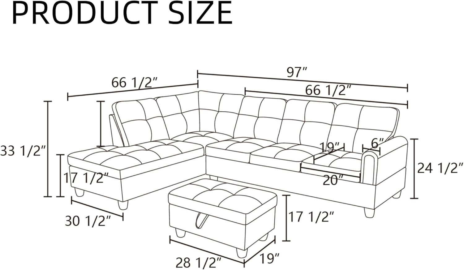 L Shaped Couch, Lounge Sectional Sofa with Chaise for Living Room, 6 Seat Modern Modular Couches with Movable Storage Ottoman, Black Grey