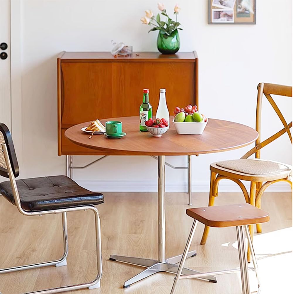 Dark Brown Round Solid Wood Dining Table Dining Furniture with Metal Crossed Base, 27.6" W Mid Century Modern Small Table Round for Office Small Coffee Table for 2-4