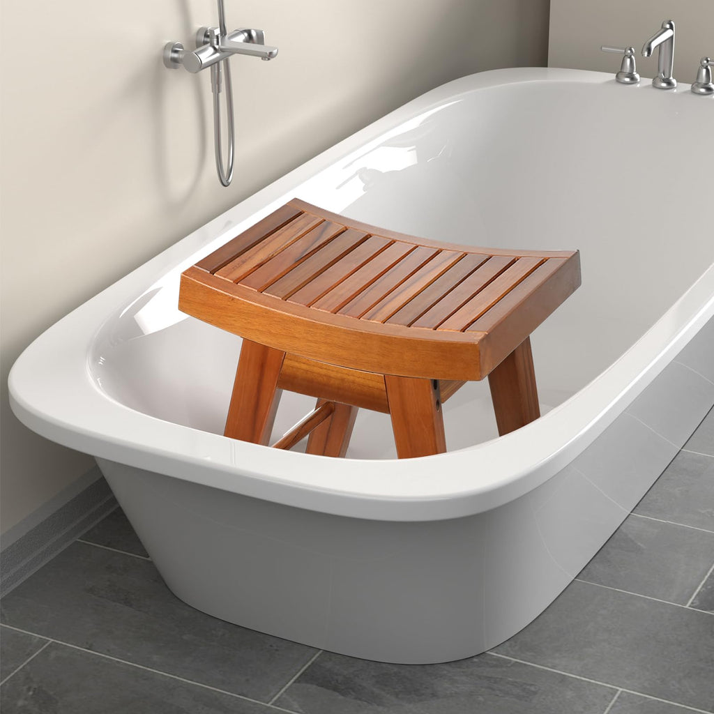 URFORESTIC Teak Shower Bench Teak Shower Stool Curved Seat