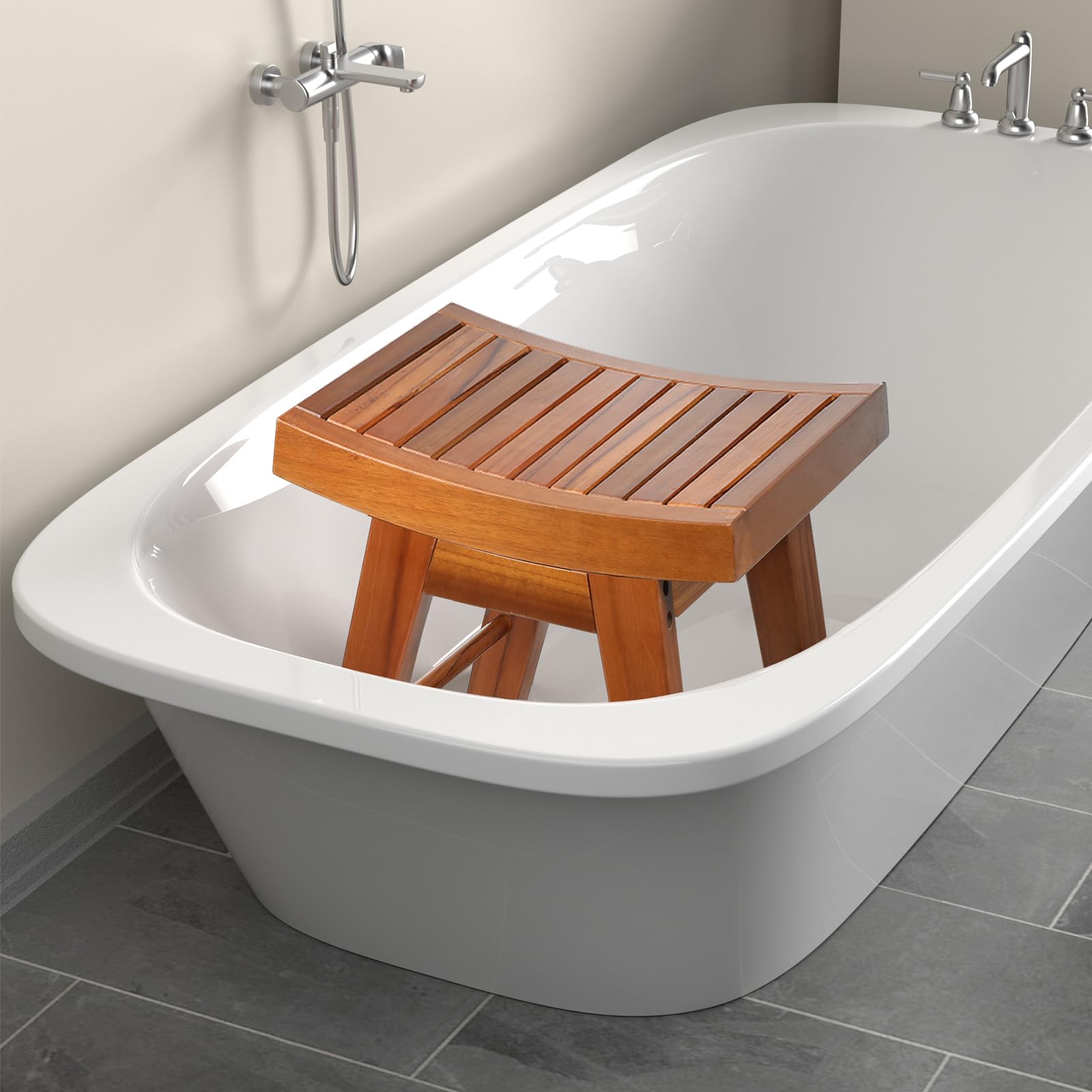 URFORESTIC Teak Shower Bench Teak Shower Stool Curved Seat