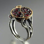 Garnet Ring, Tree Vine Black Gold Statement Ring Ruby Engagement Rings for Wife Girlfriend, Pomegranate Shaped Birthstone Ring Silver Ring Jewelry Gift for Women, Handmade Anniversary Ring