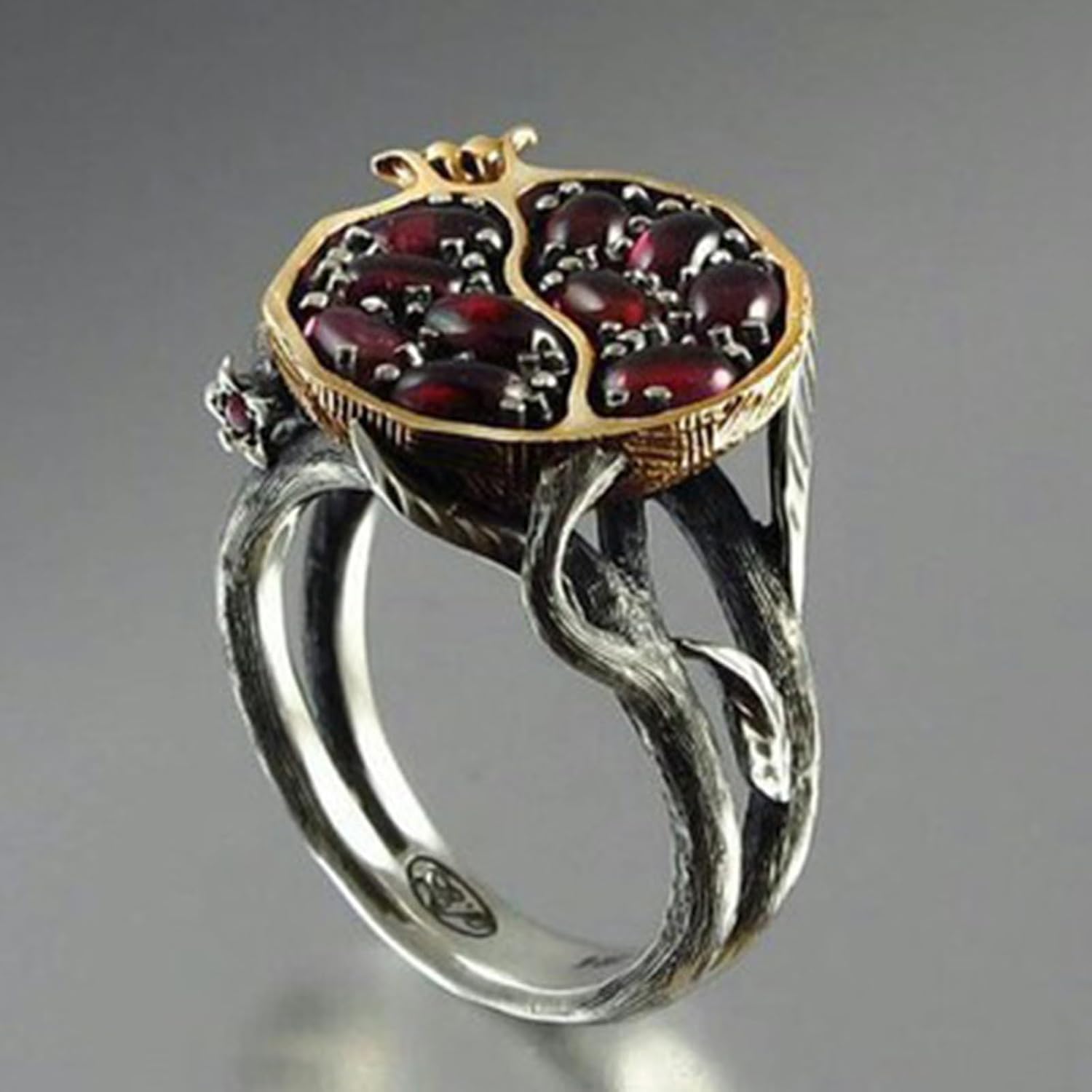 Garnet Ring, Tree Vine Black Gold Statement Ring Ruby Engagement Rings for Wife Girlfriend, Pomegranate Shaped Birthstone Ring Silver Ring Jewelry Gift for Women, Handmade Anniversary Ring