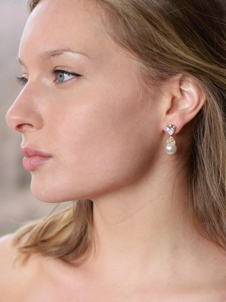 Mariell Clip-On Pearl Drop Bridal Earrings with Cubic Zirconia Crystals and Ivory Pearls For Brides, Bridesmaids, Weddings, Jewelry Gift for Women