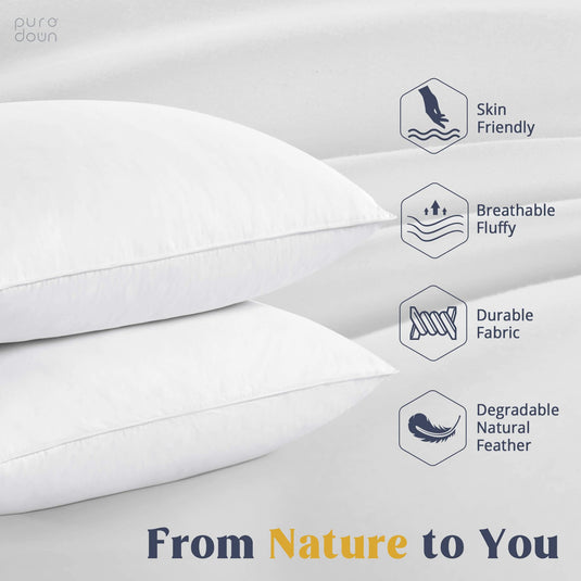 puredown® Goose Feathers and Down White Pillows with 100% Cotton Cover, Bed Sleeping Hotel Collection Pillows Set of 2, Standard Size