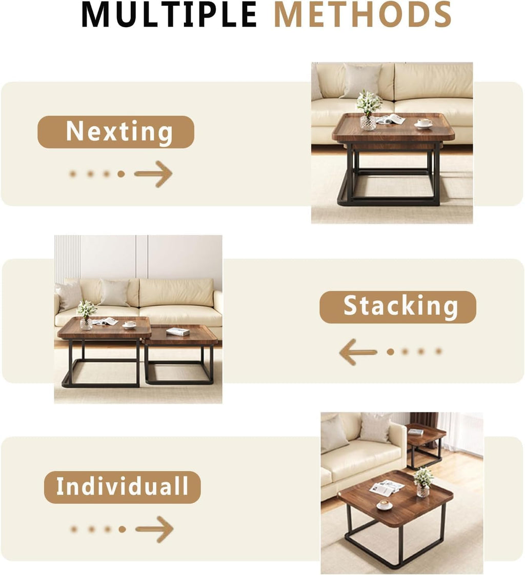 Square Nesting Coffee Table Set of 2, 23.6"+19.7" Nesting Tables,Small Square Coffee Table with Fluted,Center Table for Living Room Bedroom Office Balcony Yard (Walnut)
