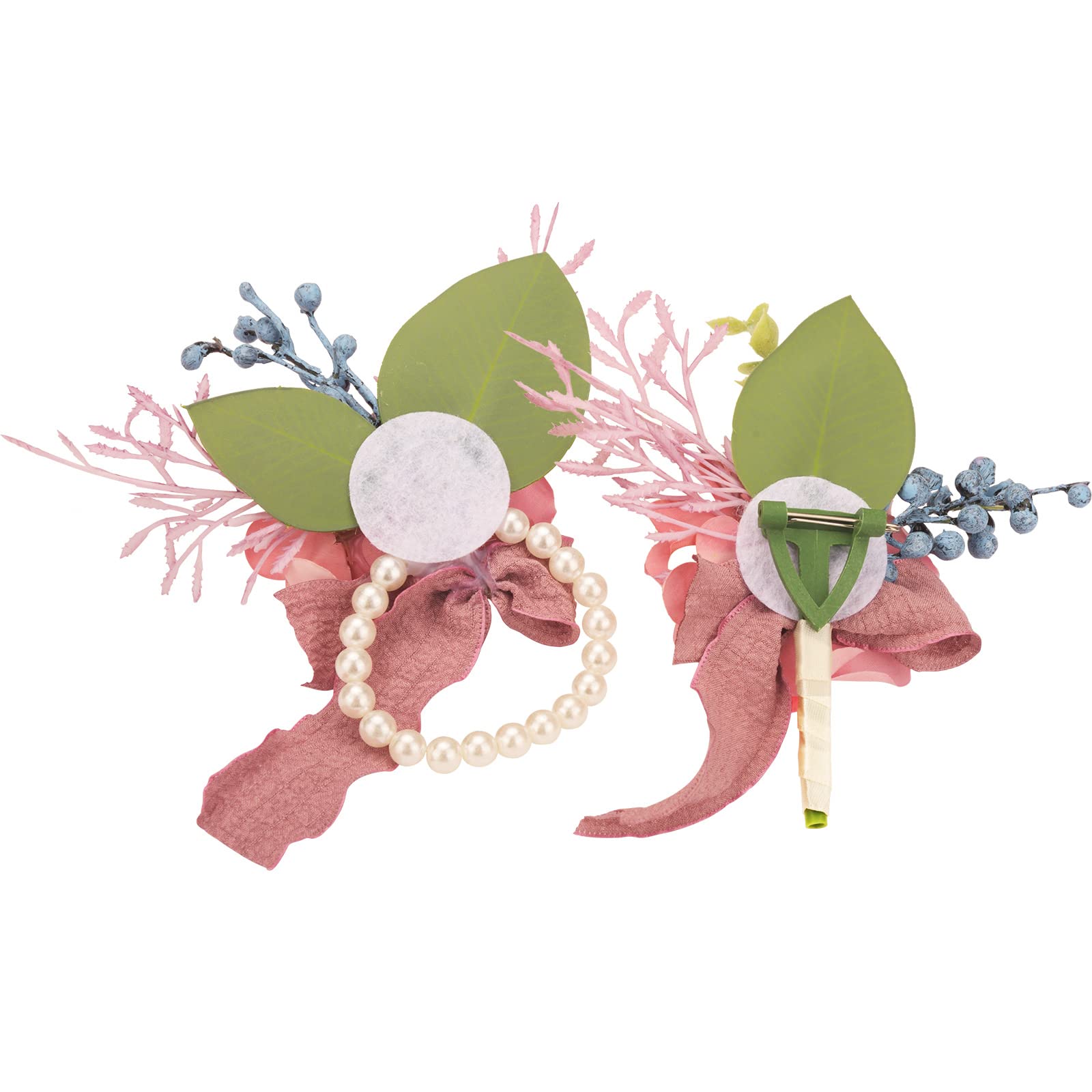 Weslymoo Dusty Pink Rose Wrist Corsage and Boutonniere Set Artificial Prom Flower Corsage Wristlet Band Bracelet and Boutonniere for Men Wedding Accessories Prom Stuff Decorations