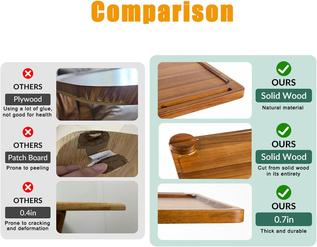 Solid Wood Acacia Wood Couch Table,360° Swivel Height Adjustable C Table with Phone & Tablet Stand,TV Trays for Eating on Couch, Bedroom or Livingroom, Oblong.