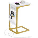 TUTOTAK C Shaped End Table with Charging Station, Side Table for Sofa, Couch Table with Storage Bag, TV Tray with 2 USB Ports and Outlets for Living Room, Bedroom, Brown TB01BB024