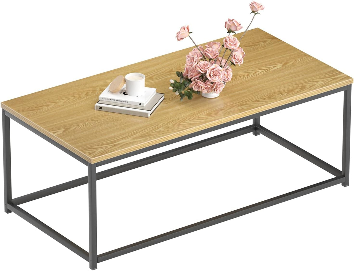 Modern Industrial Style Rectangular Coffee Table for Living Room, Bedroom - Rustic Accent Minimalistic Furniture with Wood Grain Top & Metal Frame - Center TV Table - Light Brown