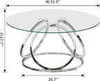 O&K FURNITURE Silver Coffee Table, Modern Glass Coffee Table Living Room Table with Ring-Shaped Frames, Glass Coffee Table for Home&Office, Chrome Finish, 1 PC