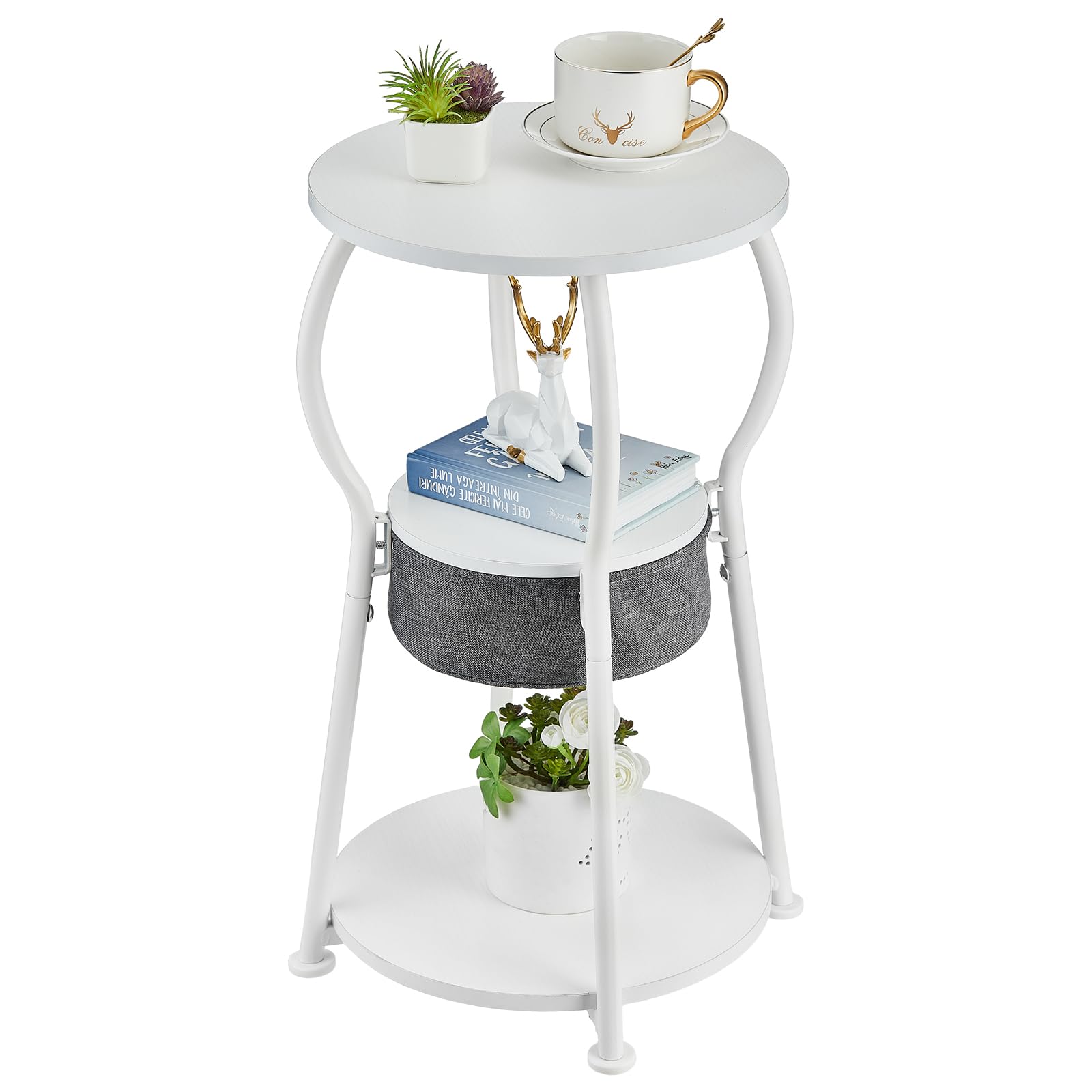 Small Round Side Table with Storage Bag, 3-Tier Accent Round End Table with Four Storage Functions for Living Room, 21.6" H Vintage Smalls Corner Table for Small Spaces Nightstand Bedroom