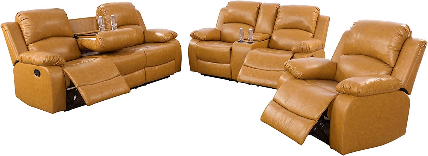 Bonded Leather Living Room Furniture Set Reclining Sofa Set Loveseat Furniture Sets in Living Room Sofa Recliners (3 Pieces, Brown)