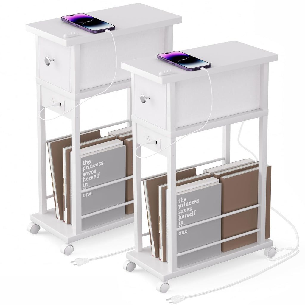 Side Table with Charging Station and Drawer, Narrow End Table with USB Ports and Outlets for Small Space, Living Room, Bedroom and Office, with 4 Wheels (1, Rustic Brown + Black)