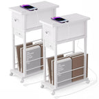 Side Table with Charging Station and Drawer, Narrow End Table with USB Ports and Outlets for Small Space, Living Room, Bedroom and Office, with 4 Wheels (1, Rustic Brown + Black)