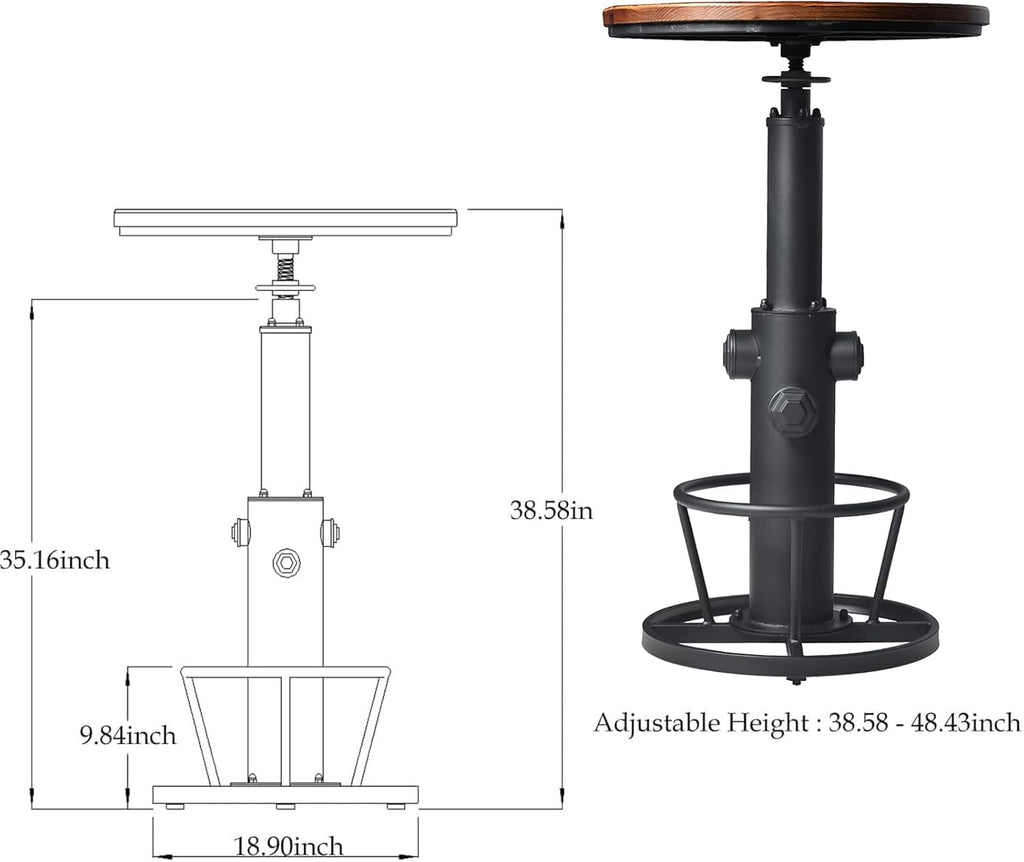 LOKKHAN Industrial Bar Table 38.6"-48.4" Height Adjustable Swivel Round Wood Tabletop 23.7" Dia, Kitchen Dining Office Coffee Bistro Pub Table