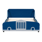 SOFTSEA Lit en forme de voiture taille réelle, cadre de lit en bois avec roues et barrières de sécurité, lit au sol en forme de voiture pour enfants garçons, pas besoin de sommier, bleu