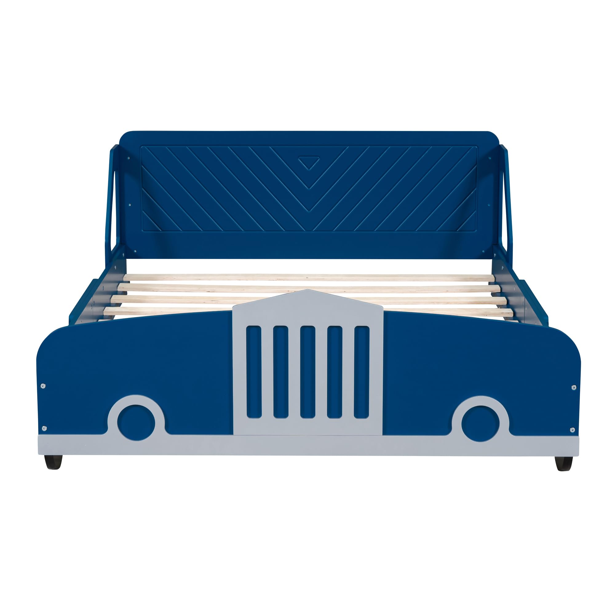 SOFTSEA Lit en forme de voiture taille réelle, cadre de lit en bois avec roues et barrières de sécurité, lit au sol en forme de voiture pour enfants garçons, pas besoin de sommier, bleu