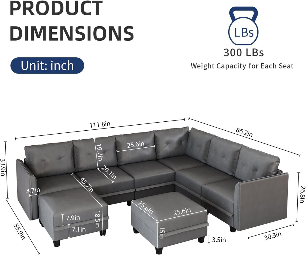 LLappuil Modular Sectional Sofa, Oversized U Shaped Sofa with Storage, Sectional Couch for Living Room, Faux Leather Fabric Waterproof Sofa, 7 Seats with Ottoman, Dark Grey