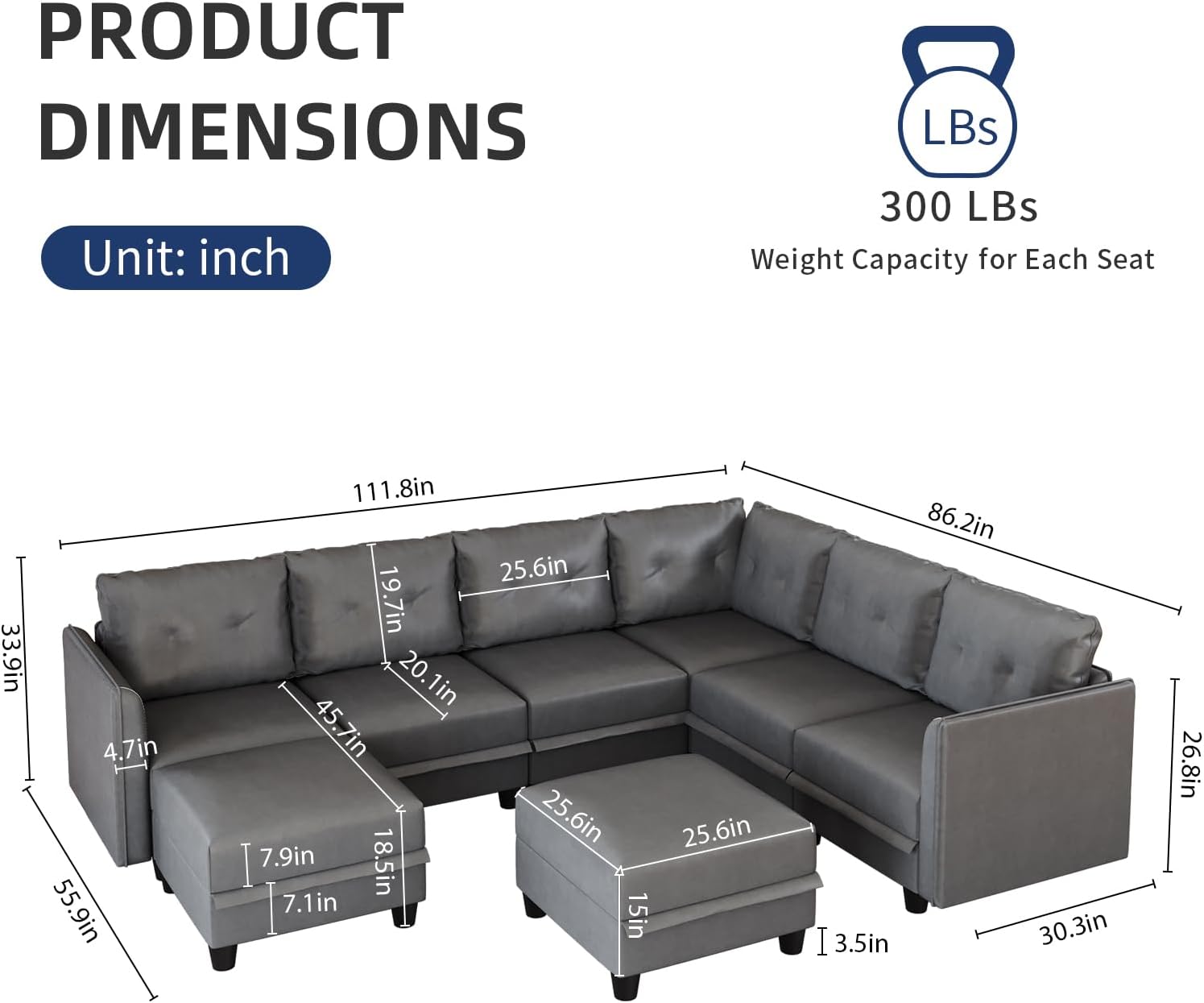 LLappuil Modular Sectional Sofa, Oversized U Shaped Sofa with Storage, Sectional Couch for Living Room, Faux Leather Fabric Waterproof Sofa, 7 Seats with Ottoman, Dark Grey