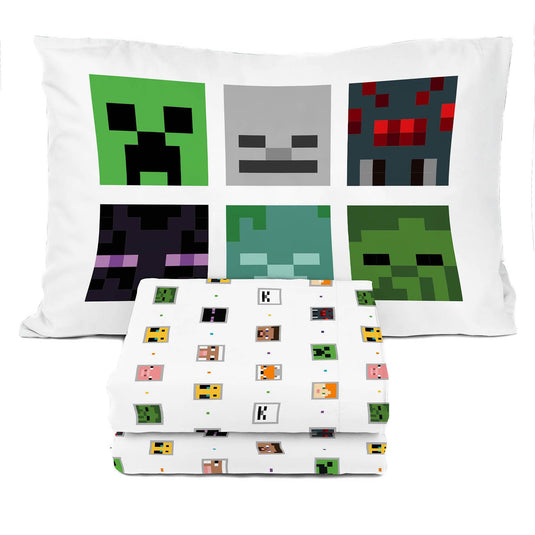 Sunny Side Up Minecraft Creeper & Animals Twin Sheet Set - 3 Piece Kids Bedding Set Includes Pillow Cover - Super Soft Microfiber Sheets