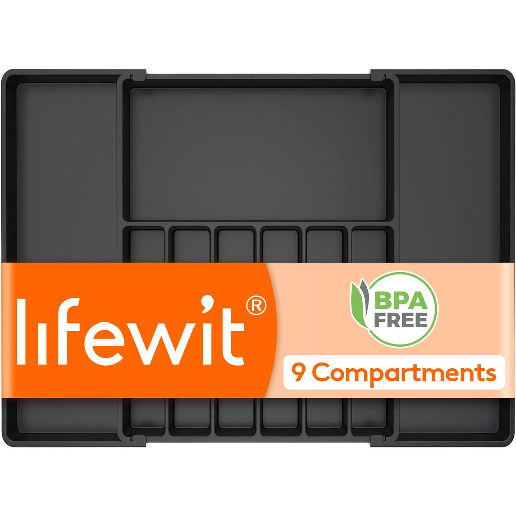 Lifewit Silverware Drawer Organizer, Expandable Utensil Tray for Kitchen, BPA Free Flatware and Cutlery Holder, Adjustable Plastic Storage for Spoons Forks Knives, 8.5-14 x 12", Black