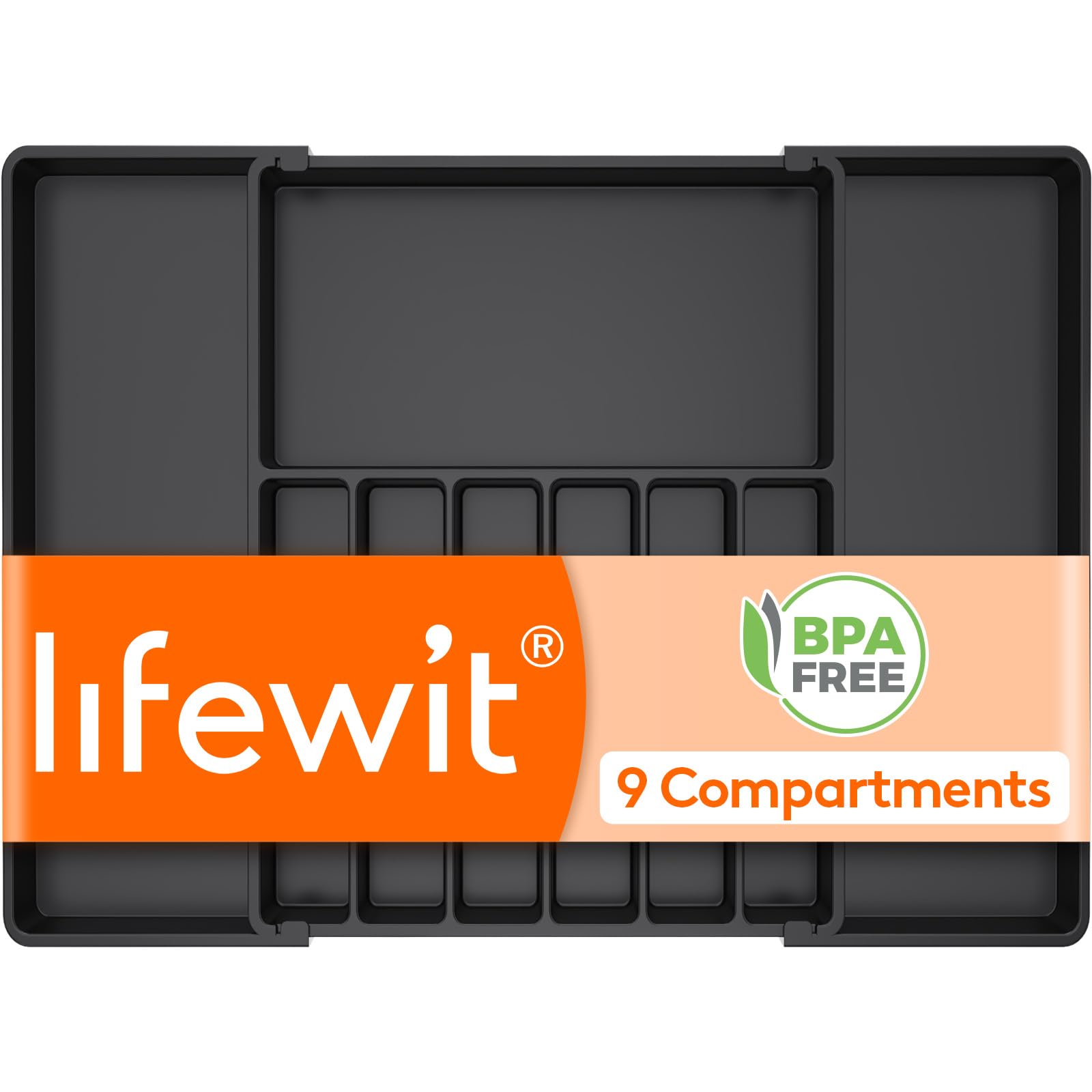 Lifewit Silverware Drawer Organizer, Expandable Utensil Tray for Kitchen, BPA Free Flatware and Cutlery Holder, Adjustable Plastic Storage for Spoons Forks Knives, 8.5-14 x 12", Black