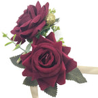 Arlai Wedding Prom Corsage and Boutonniere Set, Rose Wrist Corsage Ribbon Bracelet, Artificial Flower(Burgundy)