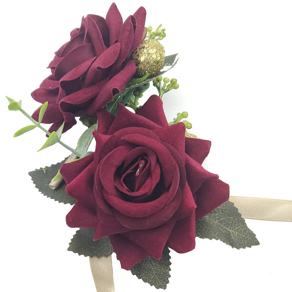 Arlai Wedding Prom Corsage and Boutonniere Set, Rose Wrist Corsage Ribbon Bracelet, Artificial Flower(Burgundy)