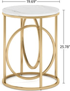 LITTLE TREE 20” Round End Table，Modern Sofa Side Table with Gold O-Shaped Base, Faux Marble White Cocktail Table Accent Table Nightstand for Living Room Bedroom