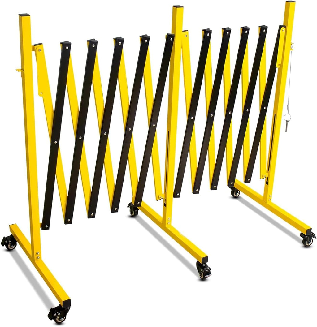 Industrial Expandable Metal Barricade 17 Feet, Yellow and Black Mobile Safety Barrier Gate, Retractable Traffic Fence with Casters, Folding Expandable Barricade for Road Construction, Garage