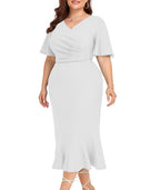 LALAGEN Plus Size Dress for Women Modest Short Sleeve Ruched Bodycon Mermaid Cocktail Midi Dresses White 3X-2