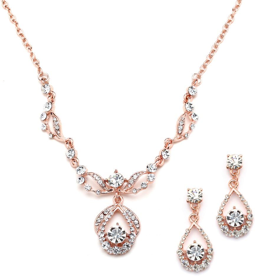 Mariell Rose Gold Vintage Crystal Necklace and Earrings Wedding Jewelry Set for Brides, Bridesmaids, Prom