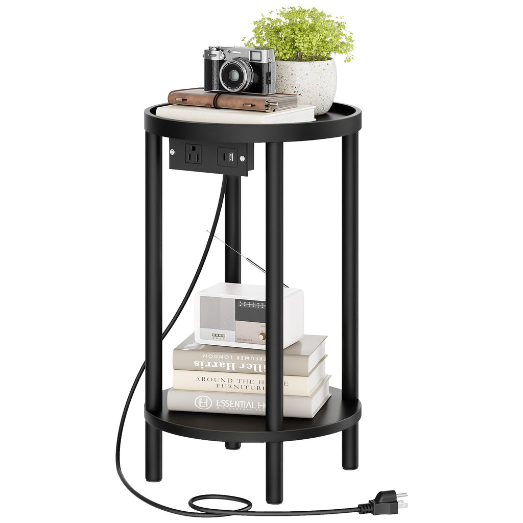 HOOBRO Small Round Side Table with Charging Station, 2-Tier Round Bamboo End Table, Compact Sofa Bedside Table for Small Space, Easy Assembly, for Living Room, Bedroom, Apartment, Natural YL156UBZ01