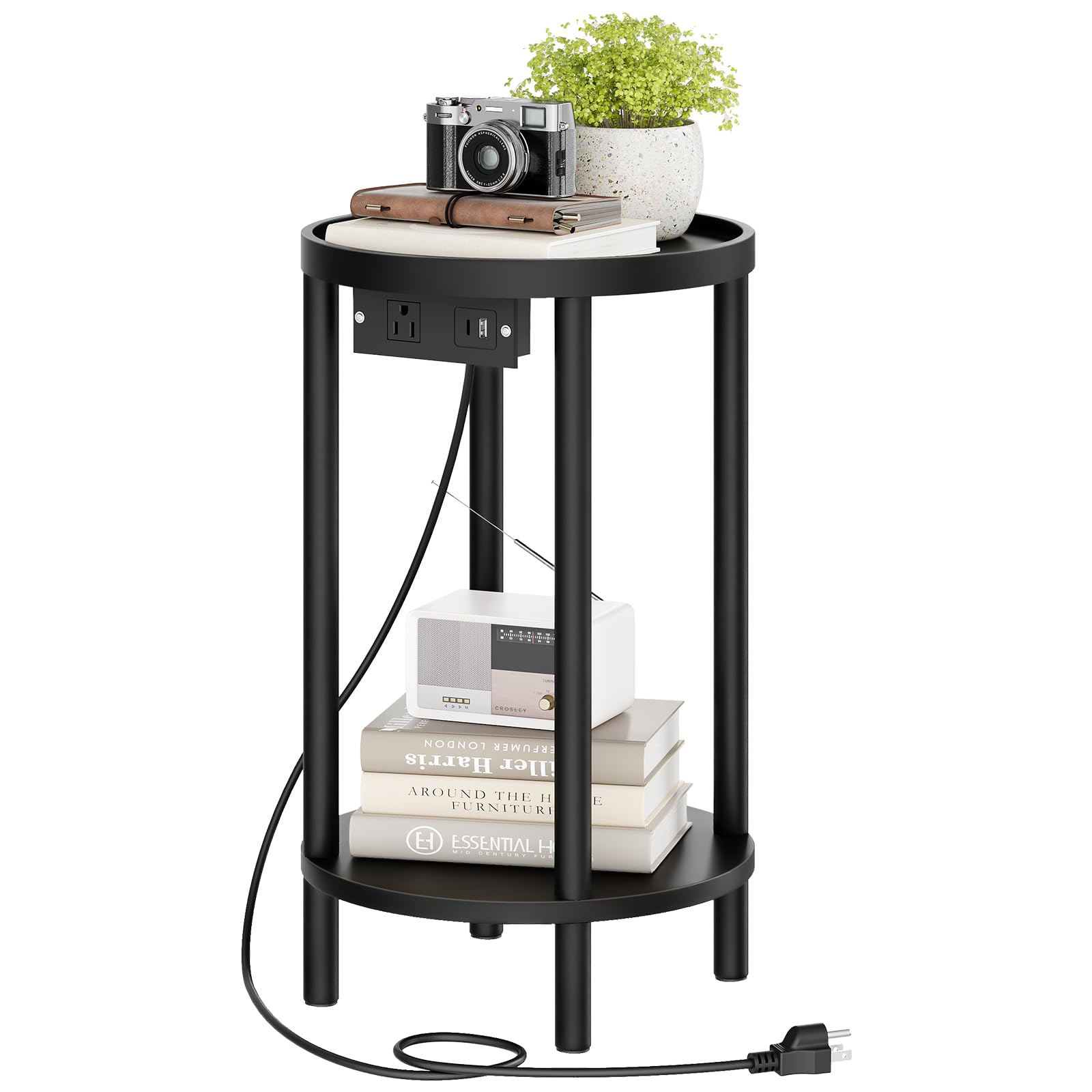 HOOBRO Small Round Side Table with Charging Station, 2-Tier Round Bamboo End Table, Compact Sofa Bedside Table for Small Space, Easy Assembly, for Living Room, Bedroom, Apartment, Natural YL156UBZ01