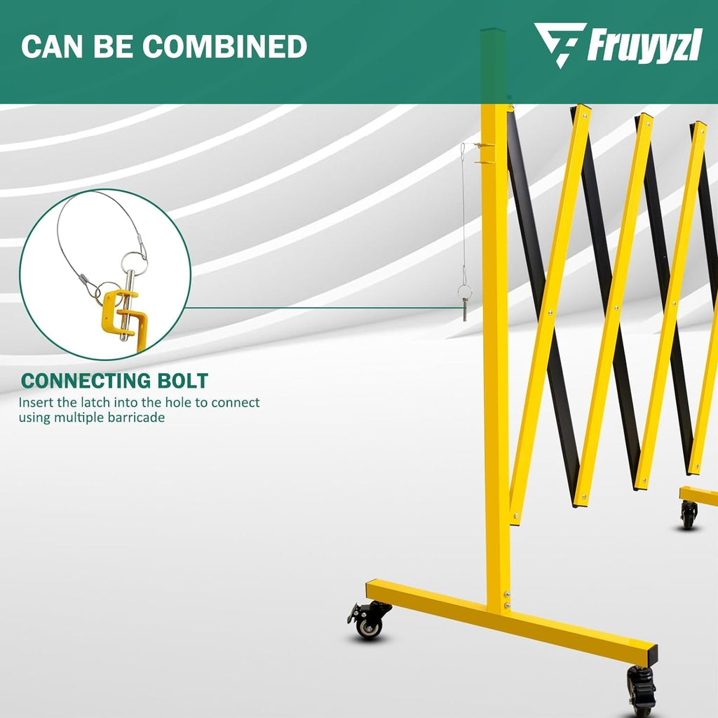Industrial Expandable Metal Barricade 17 Feet, Yellow and Black Mobile Safety Barrier Gate, Retractable Traffic Fence with Casters, Folding Expandable Barricade for Road Construction, Garage