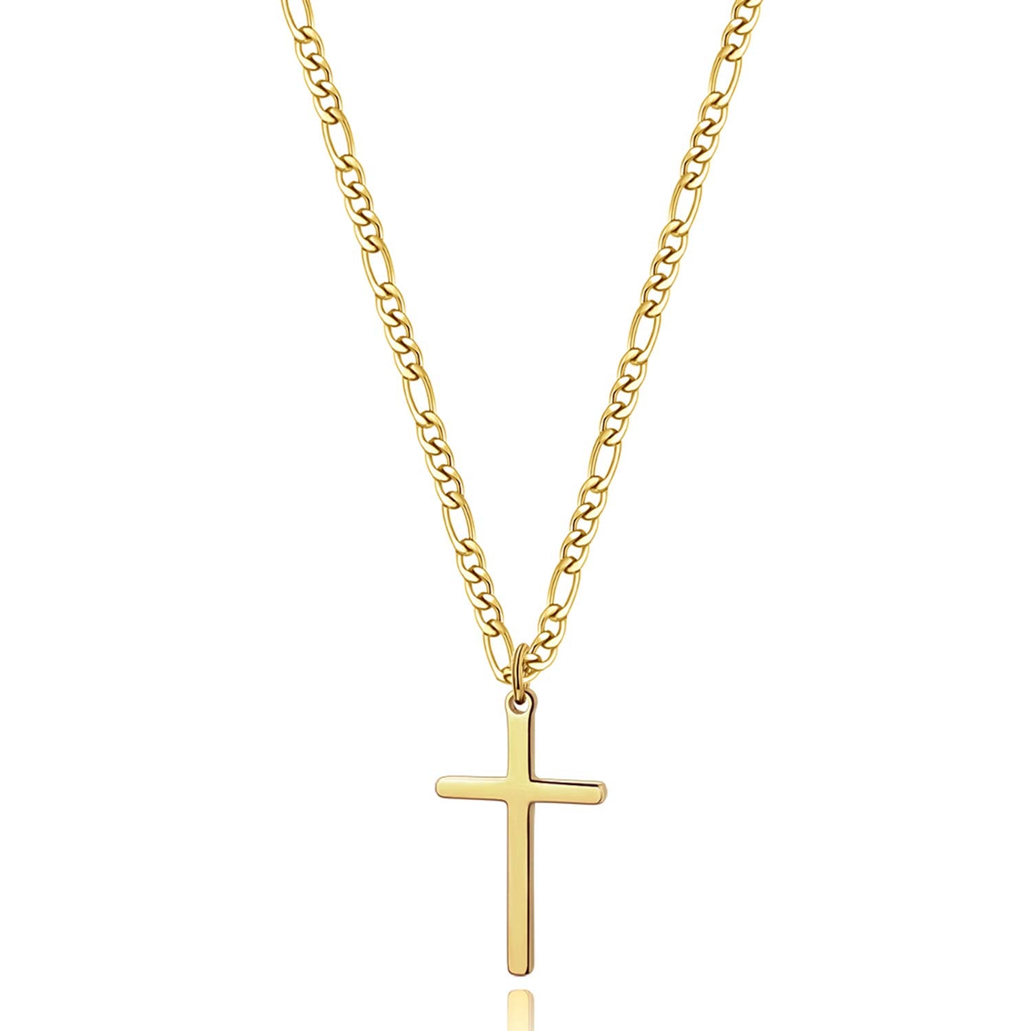 14K Gold Filled Cross Necklace for Men Figaro Chain Stainless Steel Plain Polished Cross Pendant Necklace Simple Faith Jewelry Gift for Women