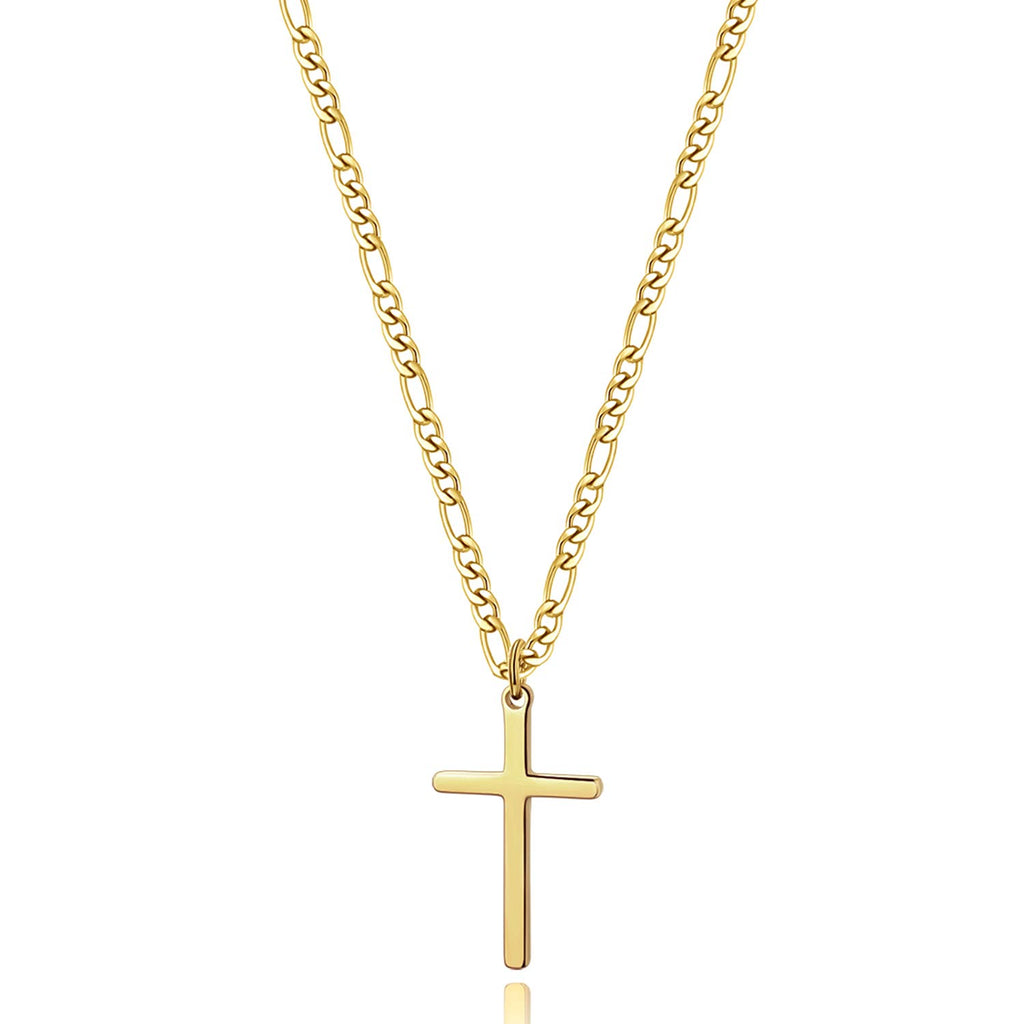 14K Gold Filled Cross Necklace for Men Figaro Chain Stainless Steel Plain Polished Cross Pendant Necklace Simple Faith Jewelry Gift for Women